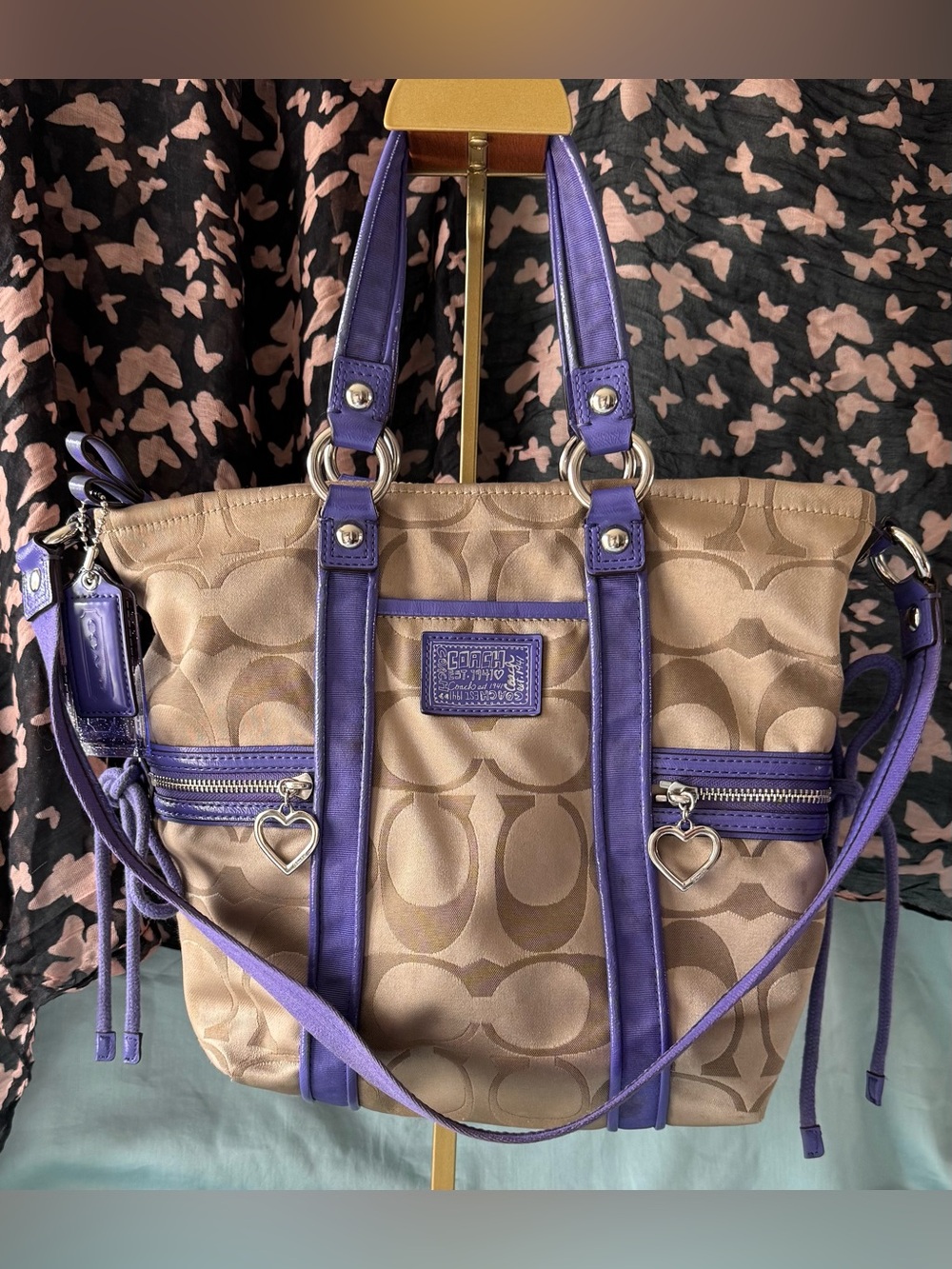 Coach F20101 Poppy Khaki and Purple Signature C Jacquard Canvas Satchel/Tote - Picture 3 of 15